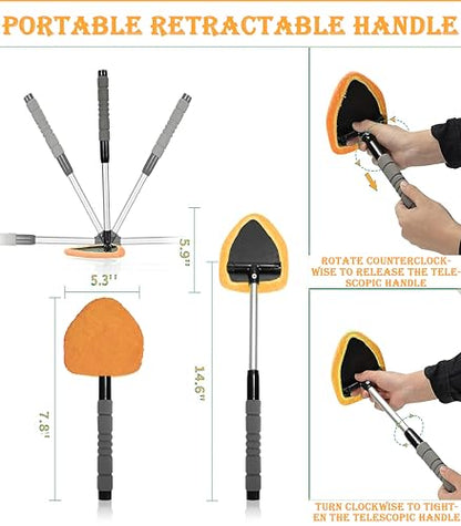Car Windshield Cleaner Tool with Reusable Microfiber Pads Extendable Handle (1, Orange) - color: Orange