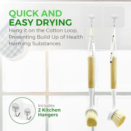 AIRNEX Bamboo Dish Brush Set of 2 - Dishwasher Brush w/Handle Made of Wheat Straw & Sisal Bristles - Non Scratch Kitchen Scrub Brush for Dishes, Pots & Pans - Dish Scrubber w/Plastic Free Bristles