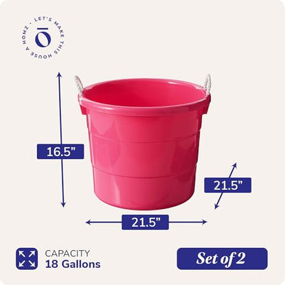 Homz 2 Pack of 17 Gallon Storage Buckets, Durable Plastic Containers, Sturdy Rope Handles, Large Tubs for Sports Equipment, Party Cooler, Gardening, Toys and Laundry, Pink - color: Pink