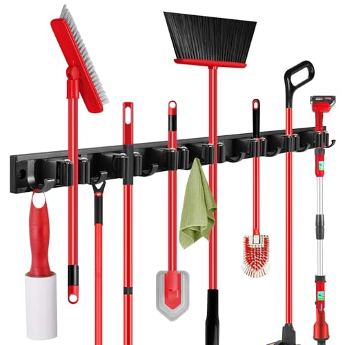SLIIMU Movable 30'' Broom and Mop Holder Wall Mount with Sliding 7 Racks 8 Hooks, Storage Organizer Wall Hanger, Cleaning Tool Hanging Grippers for Kitchen Bathroom Garden Garage Laundry Home Closet