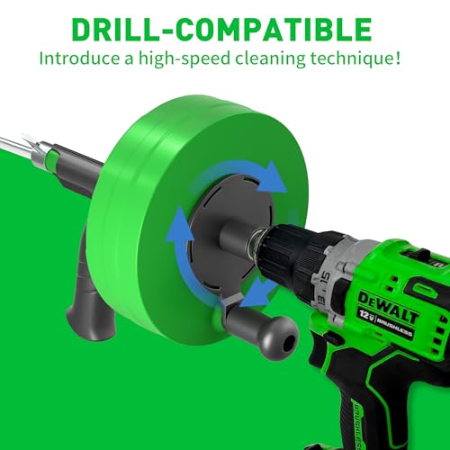 BACOENG 33Ft Drain Auger, Heavy Duty Plumbing Snake with Drill Adapter, Use Manually or Powered for Drain Clog, Shower Sink, Comes with Gloves and Bag (Green) - color: Green-33FT
