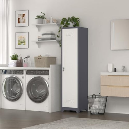 Metal Broom Storage Cabinets, Narrow Cabinet with Hooks, 65" Slim Bathroom Storage Cabinet with Shelves, Heavy-Duty Cleaning Cabinets for Utility Room, Gym, Office, Garage - color: 65"h-slim Cabinet / White+grey