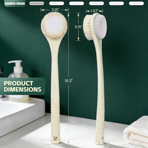 Back Scrubber for Shower, Long Handle Exfoliating Brush, Dual-Sided Bath Brush with Soft Bristles & Volcanic Pumice Stone, Anti-Slip Grip for Men & Women (Light Yellow) - color: Yellow