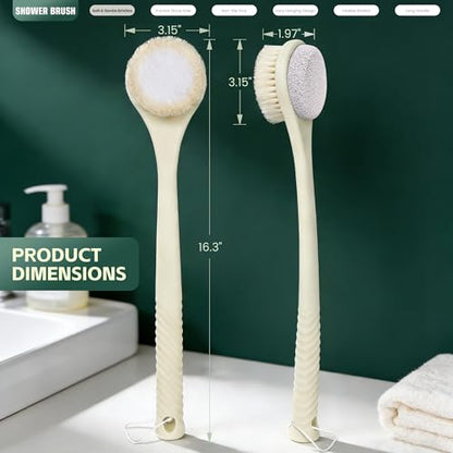 Back Scrubber for Shower, Long Handle Exfoliating Brush, Dual-Sided Bath Brush with Soft Bristles & Volcanic Pumice Stone, Anti-Slip Grip for Men & Women (Light Yellow) - color: Yellow