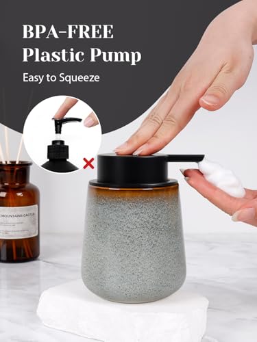 INGOFIN Ceramic Foaming Soap Dispenser -12oz Foam Hand Soap Dispenser Bathroom, Modern Refillable Dish Wash Soap Bottle for Kitchen with Large Pump,Kiln-Glazed - color: Kiln-glazed Grey White -Foam