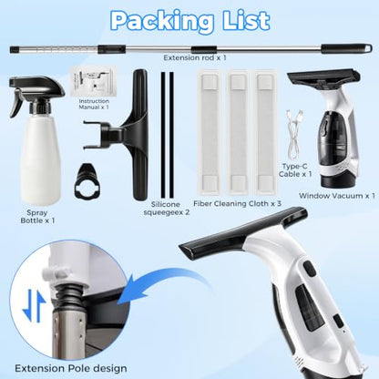 Window Vacuum Squeegee with Extendable Pole 31-40", 2000Pa Electric Window Cleaning Tool with 2200mAh and 150ml Dirty Water Tank, Long Handle Squeegee for Windows, Shower Doors, Mirrors, and Tiles