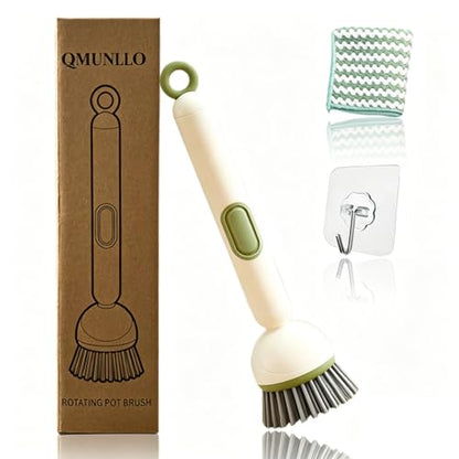 QMUNLLO 360° Rotating Dish Brush with Soap Dispenser, Non-Slip Long Handle Kitchen Scrubber Cleaning Set with Towel and Wall Hook, Ideal for Sink, Pans, Pots Cleaning(Green) - color: Green