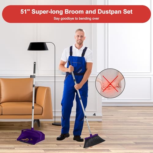 Tiumso Broom with Dustpan Combo Set, Broom and Dustpan Set with 51'' Long Handle, Dust Pan and Brooms, ZeroGap Lip, Self-Cleaning Dustpans Teeth for Lobby Kitchen Restaurant - Purple - color: Purple