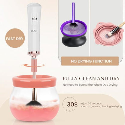 RICRIS Electric Makeup Brush Cleaner and Dryer Machine - Super Fast Clean and Dry Make Up Brushes - Automatic Cosmetic Brush Spinner Washer Tools - color: White-Peach