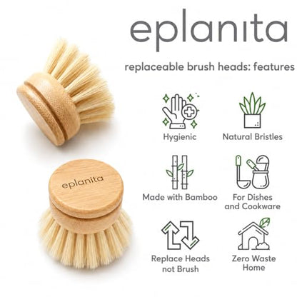 eplanita Replacement Brush Heads (Pack of 8) for Bamboo Dish Brush, Sisal Bristle Refills, Agave Cactus Fibres, Kitchen Eco Scrubber, Plastic Free Washing Up, Zero Waste Cleaning - size: pack of 8