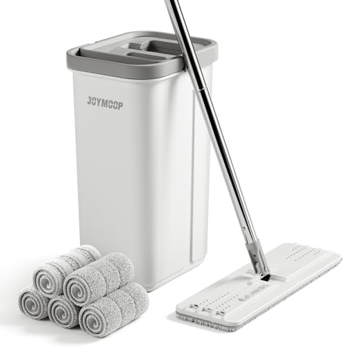 JOYMOOP Flat Mop System, Microfiber Mop and Bucket Set, White, Hands-Free Wet and Dry Floor Cleaning for Household and Commercial Use, Includes 5 Washable Pads - color: White Lite135