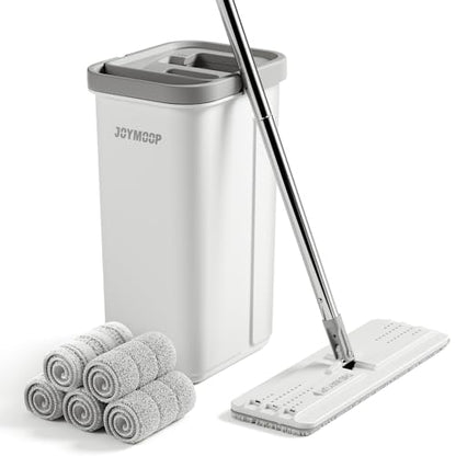 JOYMOOP Flat Mop System, Microfiber Mop and Bucket Set, White, Hands-Free Wet and Dry Floor Cleaning for Household and Commercial Use, Includes 5 Washable Pads - color: White Lite135