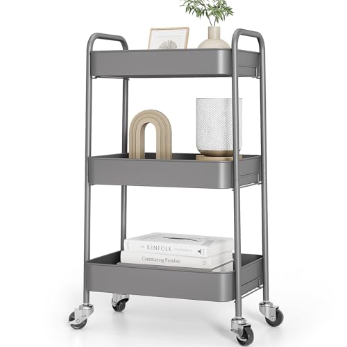 TOOLF 3-Tier Rolling Cart - Metal Utility Storage Organizer with Lockable Wheels, 33 lbs Per Shelf, Tool-Free 5-Min Assembly, for Kitchen Bathroom Office Nursery Craft Room, Grey - color: Grey, size: 3-Tier