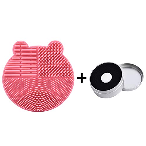 Silicon Makeup Brush Cleaner Mat with Brush Drying manual Make up brush cleaner cleanser machine Cosmetic Brush Cleaning Pad+Makeup Brush Dry Cleaned Quick Color Removal Sponge Scrubber Tool(Pink) - color: Pink