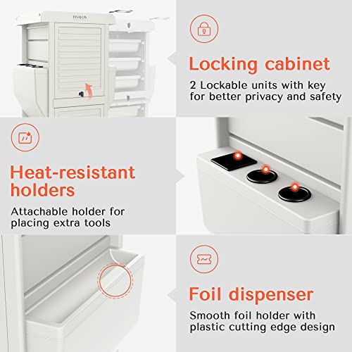 TASALON Salon Trolley Cart with Lock, 6 Lockable Trays + 2 Holders, Rolling Storage Cart for Hair Salon, Beauty, Barber Station - White - color: White