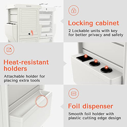 TASALON Salon Trolley Cart with Lock, 6 Lockable Trays + 2 Holders, Rolling Storage Cart for Hair Salon, Beauty, Barber Station - White - color: White