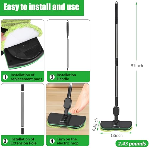 Battery Cordless Electric Mop,13-Inch Max Cleaning Pad Electric Spin Mop, Laminate Floor Cleaner for Mopping, Automatic Spin Mops for Hardwood, Tile-No Water Tank - size: 51-inch handle