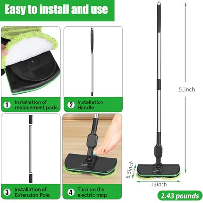 Battery Cordless Electric Mop,13-Inch Max Cleaning Pad Electric Spin Mop, Laminate Floor Cleaner for Mopping, Automatic Spin Mops for Hardwood, Tile-No Water Tank - size: 51-inch handle