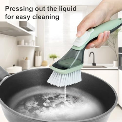 CQT Soap Dispensing Dish Brush Storage Set, Dish Scrubber with Handle, Kitchen Washing Brush for Pot Pan Sink Cleaning, Kitchen Brush with Holder and 1 Replaced Scouring Pad Head - color: Gray