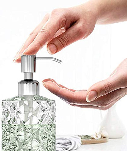 GLADPURE Soap Dispenser - 2 Pack, 12 Oz Clear Diamond Design Glass Refillable Hand Soap Dispensers; with 304 Rust Proof Stainless Steel Pump, Lotion Dispensers for Kitchen, Bathroom