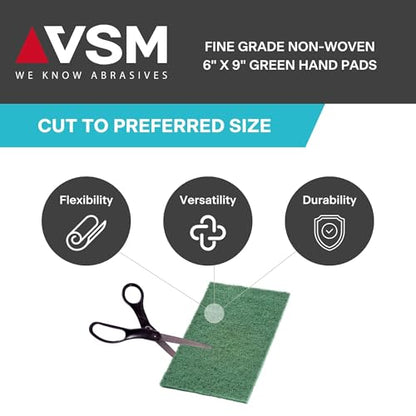 VSM 10-Pack: 6" x 9", Green - Fine, Non-Woven Hand Pad, Aluminum Oxide Grains, Rust and Oxidation Resistant, Multipurpose Abrasive Scrub Pad for Finishing and Cleaning