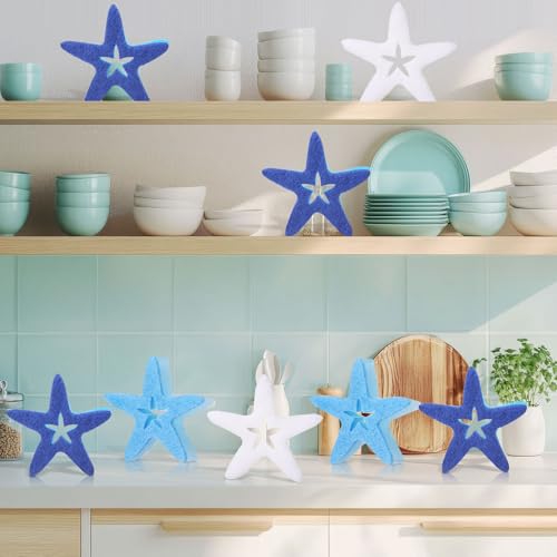 Tioncy 12 Pack Starfish Kitchen Sponges Bulk Dual Sided Scrubber Sponges Dishwashing White Blue Kitchen Cleaning Accessories for Household Supplies