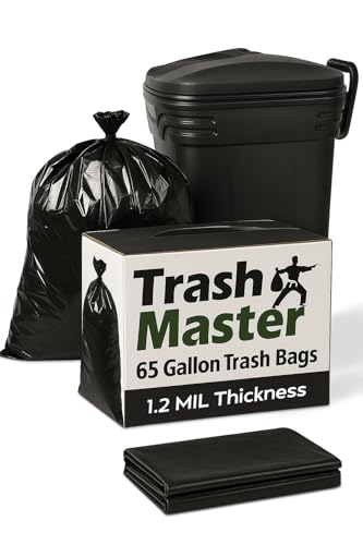 65 Gallon Trash Bags | 50 Bags with Ties | Thick for Large Commercial Jobs | Construction Clean Up | Garbage bags for Yard Clean up - TrashMaster