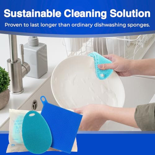 Silicone Dish Sponge Dish Scrubber (Oval and Square) - Dual-Sided, Food Grade Silicone Sponges for Dishes and Housecleaning 2-Pack - color: 2 Pack Teal + Blue