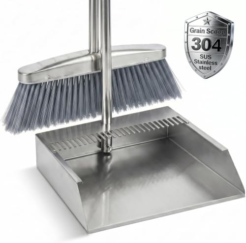 Heavy Duty 304 Stainless Steel Dustpan and Broom Set, Long Handle Self Standing Dust Pan with Wide Mouth Pet Hair Comb Teeth, Indoor Outdoor Cleaning Set for Kitchen Garage Office