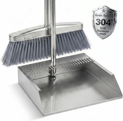 Heavy Duty 304 Stainless Steel Dustpan and Broom Set, Long Handle Self Standing Dust Pan with Wide Mouth Pet Hair Comb Teeth, Indoor Outdoor Cleaning Set for Kitchen Garage Office