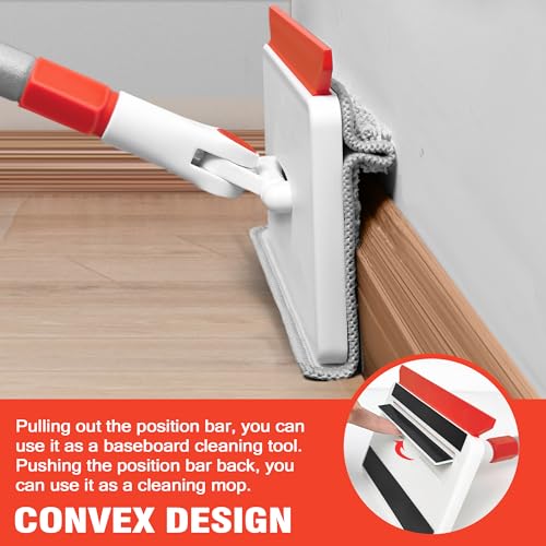 JEHONN Baseboard Cleaner Tool with Handle, 56 inches Base Boards Cleaning Mop Scrubber, 1 Stiff Bristles Brush, 2 Chenille and 2 Microfiber Pads, Wall Duster for Floorboard Ceiling Window Tile - color: Red