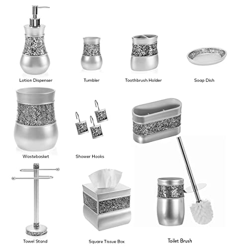 Creative Scents Crackled Glass Silver Bathroom Accessory Set – 4-Piece Vanity Set Includes: Lotion Soap Dispenser, Toothbrush Holder, Tumbler, and Soap Dish - style: 4 Pc Set