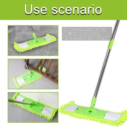 Dust Mop for Floor Cleaning with 2 Washable Chenille Pads and Extendable 58” Long Handle, Dry Wet Flat Mop with Scouring Pad for Hardwood, Laminate, Tile, Marble (Green) - color: Green