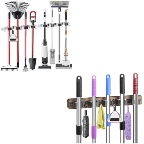 IMILLET 2 PACK Stainless Steel Mop and Broom Holder and 1 PACK Wooden Broom Holder