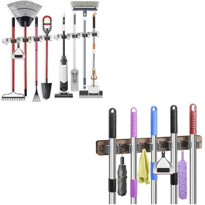 IMILLET 2 PACK Stainless Steel Mop and Broom Holder and 1 PACK Wooden Broom Holder