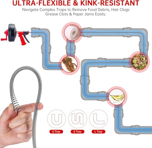Drain Snake Hair Drain Clog Remover,Drill Attachment Toilet Snake for Bathroom Kitchen Tub Shower Drain Clog Remover with Gloves Hair Clog Remover with Drill Adapter（25ft/7.5M-Black） | Bathroom and Shower Sink Duty Pipe Drain Clog Remover for Bathtub Drai