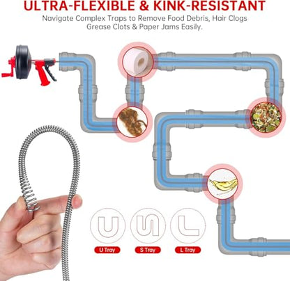Drain Snake Hair Drain Clog Remover,Drill Attachment Toilet Snake for Bathroom Kitchen Tub Shower Drain Clog Remover with Gloves Hair Clog Remover with Drill Adapter（25ft/7.5M-Black） | Bathroom and Shower Sink Duty Pipe Drain Clog Remover for Bathtub Drai