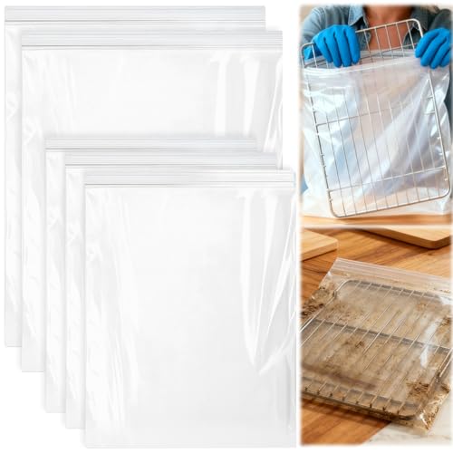 Palksky Oven Rack Cleaning Bags, Heavy Duty No Scrub Bags for Use with Oven Cleaner, Reusable Leak-Resistant PE Bags for Deep Soaking Grill Grates & BBQ Racks, No Cleaner Included, 5 Pack - color: 5 Packs - Short Size Zipper Opening, size: 15.7''*23.7''+1