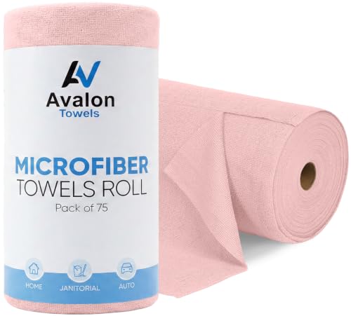 Avalon Towels Microfiber Cleaning Cloth Roll (Value Pack of 75) - Size 12x12 Inches, Tear Away Microfiber Towel Rolls, Highly Absorbent, Reusable, Lint and Streak Free Cleaning Rags for Home - color: Pink