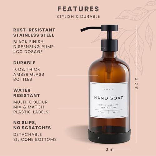 Hand and Dish Soap Dispenser for Kitchen and Bathroom, Set of 2 16 Oz Glass Bottles, Stainless Steel Pumps, Non-Slip Silicone Base, 27 Waterproof Labels (Amber Bottle/Black Pump) - color: Amber Bottle / Black Pump