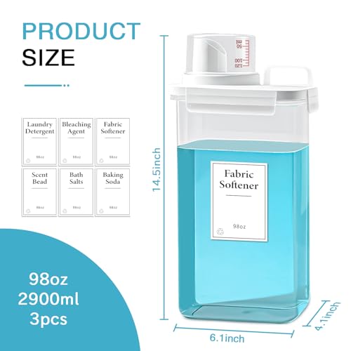 3 Pack Laundry Detergent Dispenser, 98oz Detergent Dispenser, Refluxable Laundry Detergent Container, Plastic Liquid Laundry Detergent Dispenser for Laundry Room Organization with 6 Labels - size: 98 Fl Oz (Pack of 3)