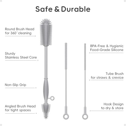 Silicone Cleaning Brush Kit,Water Bottle and Straw Cleaner Brush Set for Tumbler,Baby Bottle,Breast Pump Part,Nipple,Sippy Cup,Glass,Dishwasher Safe,BPA Free,3 Pcs - color: Gray