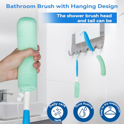 Back Scrubber for Shower，Mesh Sponge Body Shower Brush with Long Handle for Use in Shower Back Scrubber,Back Scrub for Exfoliating Body Scrubber (Blue and Green) - size: Blue+Green Handle (YS0125)