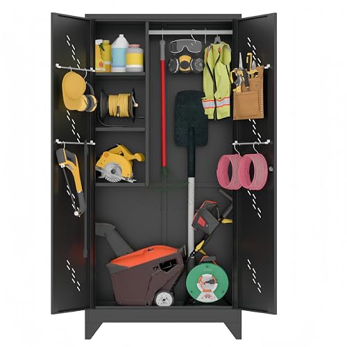 VASAAOSD 75" Metal Storage Cabinet with Lock, Tool Cabinets with Hooks, Heavy-Duty Garage Storage Cabinet for Utility Room, Gym, Basement, Broom Closet, Black - color: 75"h Dark Black