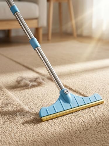 Premium Stainless Steel Pet Hair Removal Carpet Rake | Reusable Adjustable Pet Fur De-Shedding Tool for Carpets, Rugs, Upholstery & Auto Mats | Long Extendable Handle, Heavy-Duty Construction (Blue) - color: Blue