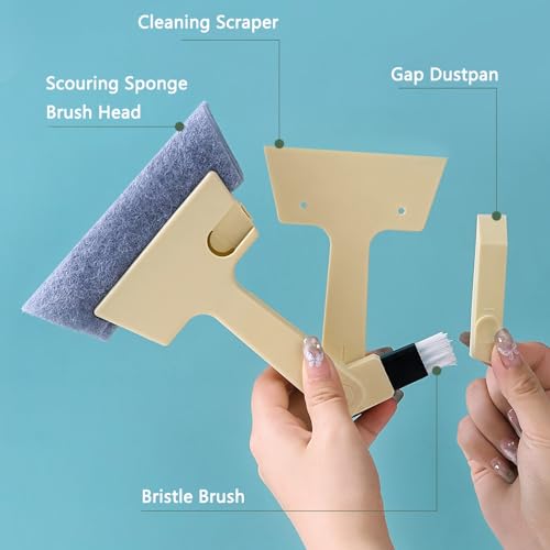 3Pcs Window Track Cleaning Brush, 4-in-1 Gap Brush (with Bristle Brush, Gap Dustpan, Scraper), Long Handle Groove Cleaner Tool, for Sliding Door, Window Sill, Bathroom(Gray)