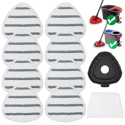 Flat Mop Head Replacements, Microfiber Mopping Pads Refills, 8-Pack Spin Mop Pads + 1 Plastic Pad &1 Scrape for Floor, Wall & Ceiling Cleaning - Fits EasyWring & RinseClean Systems - size: 8Pads+1Base+1Scrape