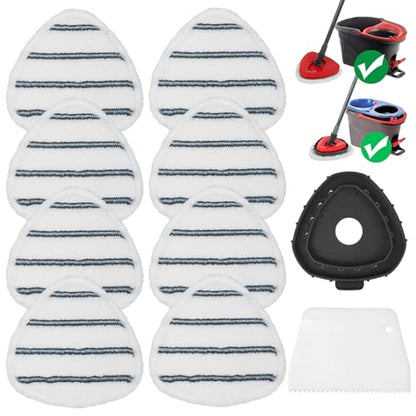 Flat Mop Head Replacements, Microfiber Mopping Pads Refills, 8-Pack Spin Mop Pads + 1 Plastic Pad &1 Scrape for Floor, Wall & Ceiling Cleaning - Fits EasyWring & RinseClean Systems - size: 8Pads+1Base+1Scrape