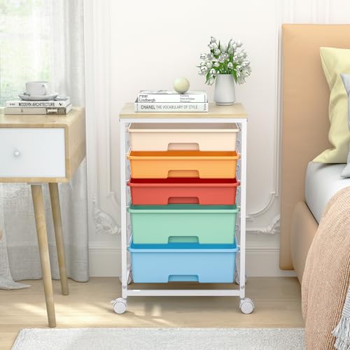 SYKIARIOL Utility Cart with 5 Drawers,Storage Cart with Wooden Tabletop and Lockable Wheels,Craft Storage Trolley Organizer,5-Tier Rolling Utility on Wheels,Macaron - color: Macaron
