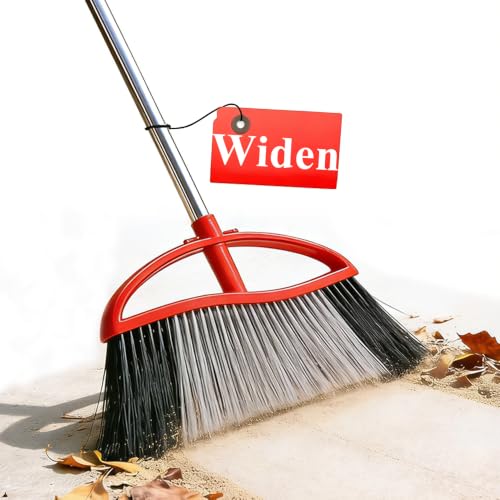 Commercial Heavy Duty Outdoor Broom, 15.7" Extra Wide Angle Broom with 4-Layer Stiff Bristles, Adjustable 38-53.5" Handle for Patio Garage Garden Yard Concrete (Red) - color: Red